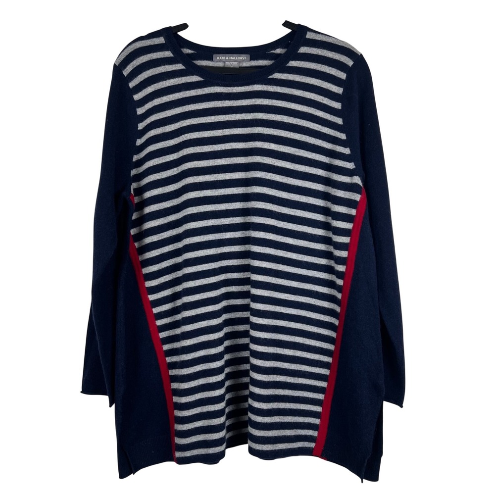 Kate & Mallory Women 1X Navy Blue Striped 100% Cashmere Sweater A411556